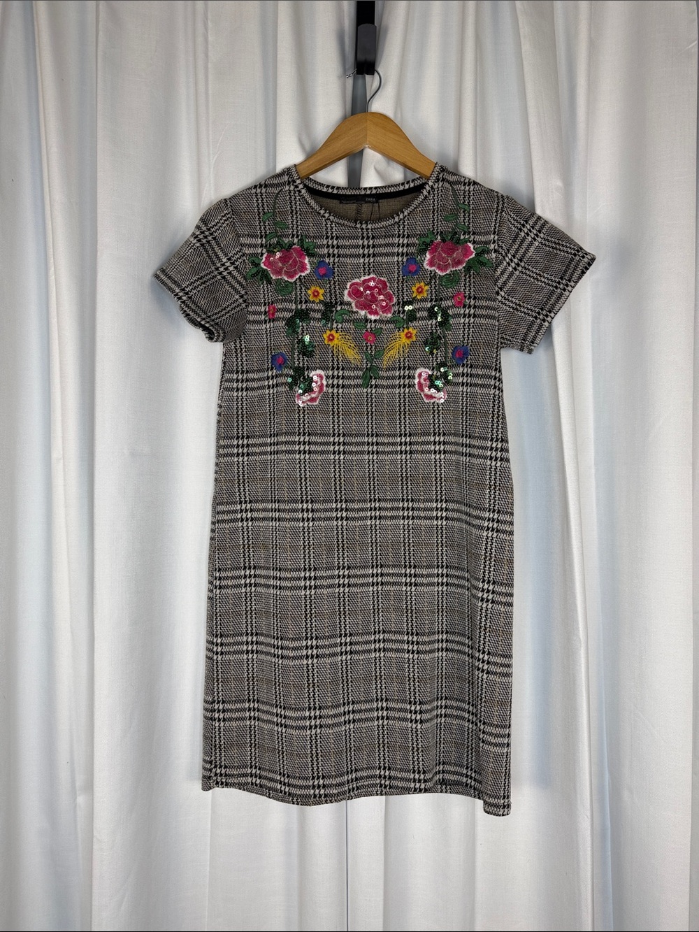 Zara Plaid Mini Dress with Multicolor Floral Embroidery - Black/White